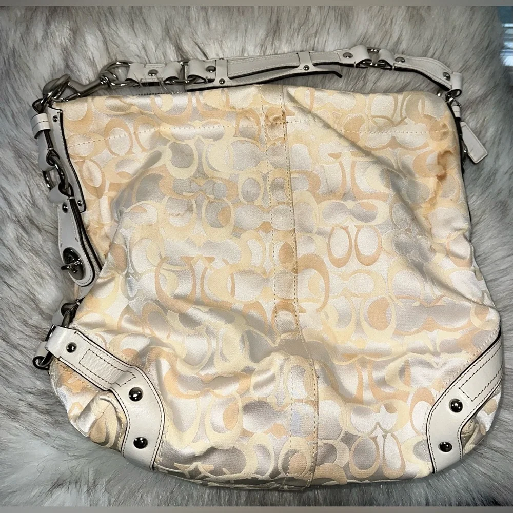 COACH Pearl White + Beige Canvas and Leather Carly Hobo Bag No H09873-F13981 - Picture 2 of 16